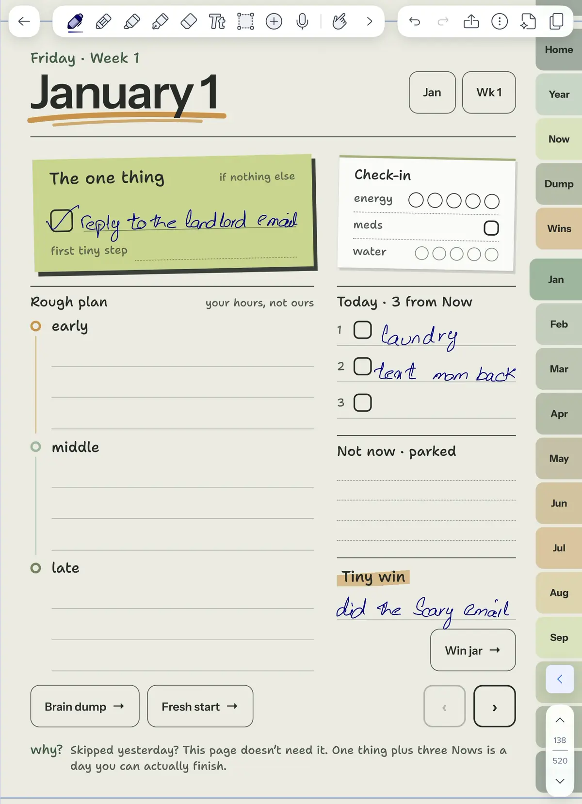 Did-It Club planner on an iPad, open to a daily page filled in by hand with Apple Pencil