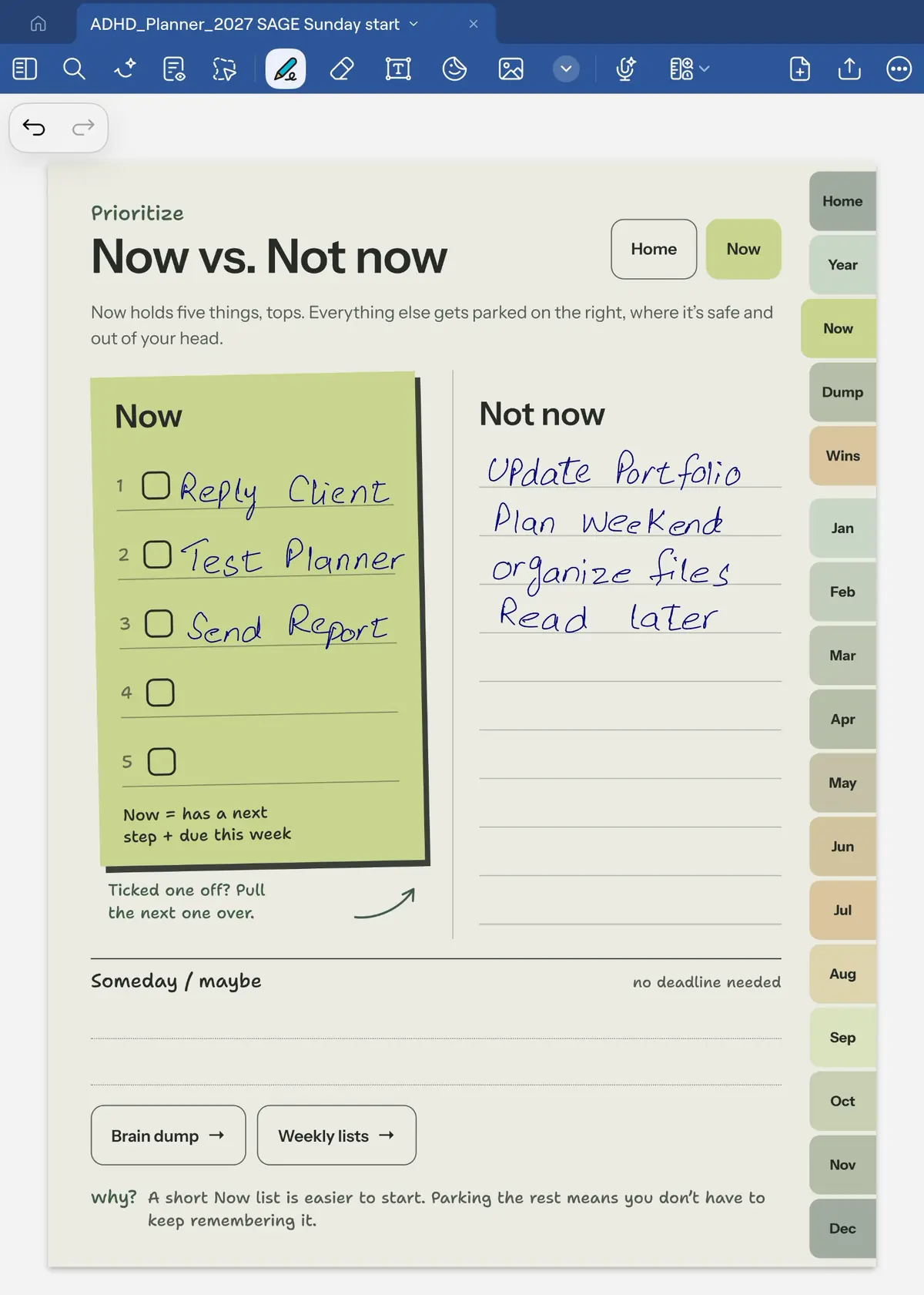 The Now vs. Not now page on an iPad, with three tasks under Now and four parked under Not now