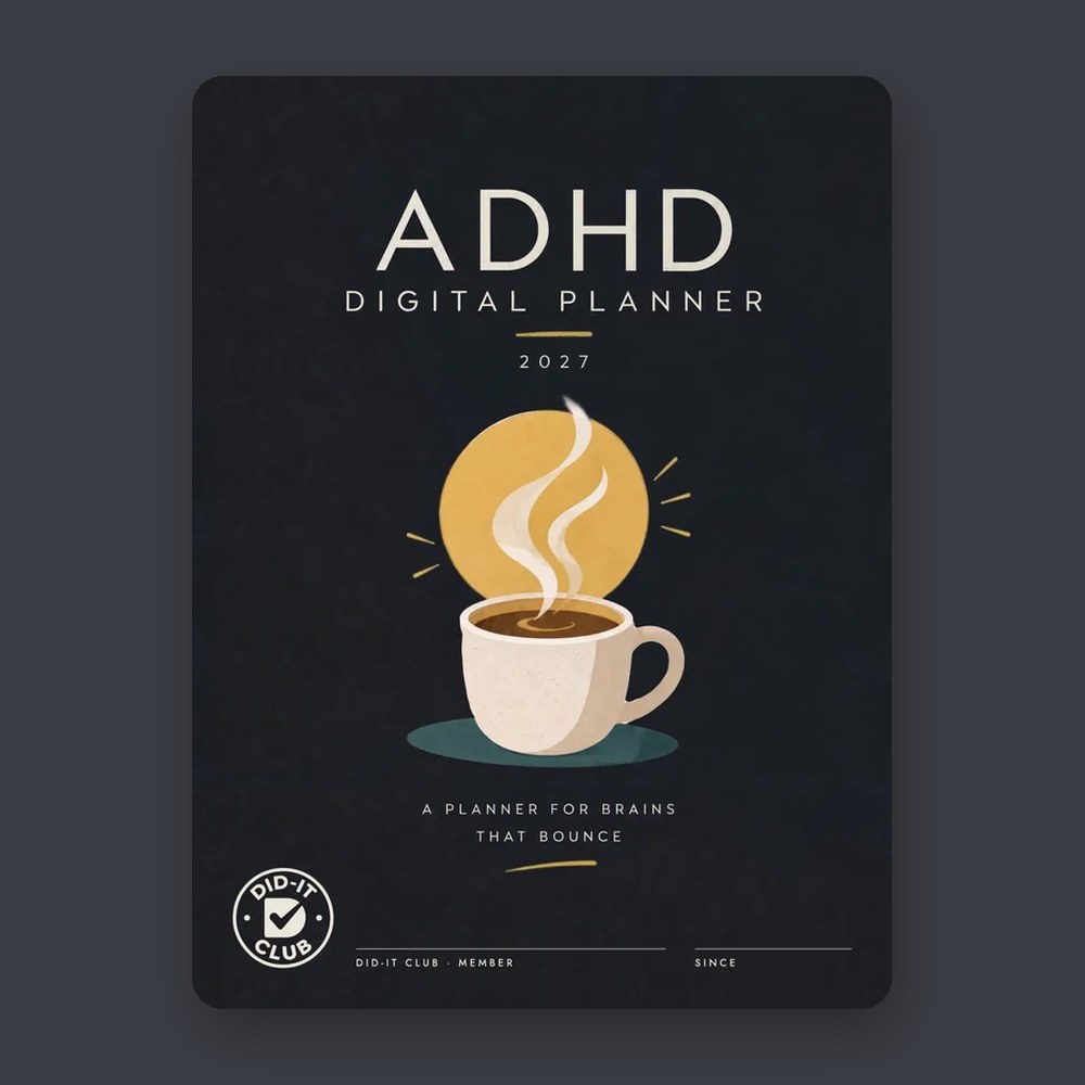 The Did-It Club ADHD digital planner cover in the Night colorway, dark with a coffee cup