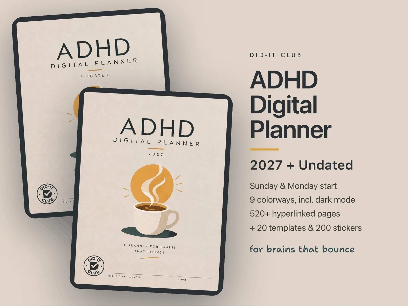 The ADHD Digital Planner, 2027 and undated, on two tablets