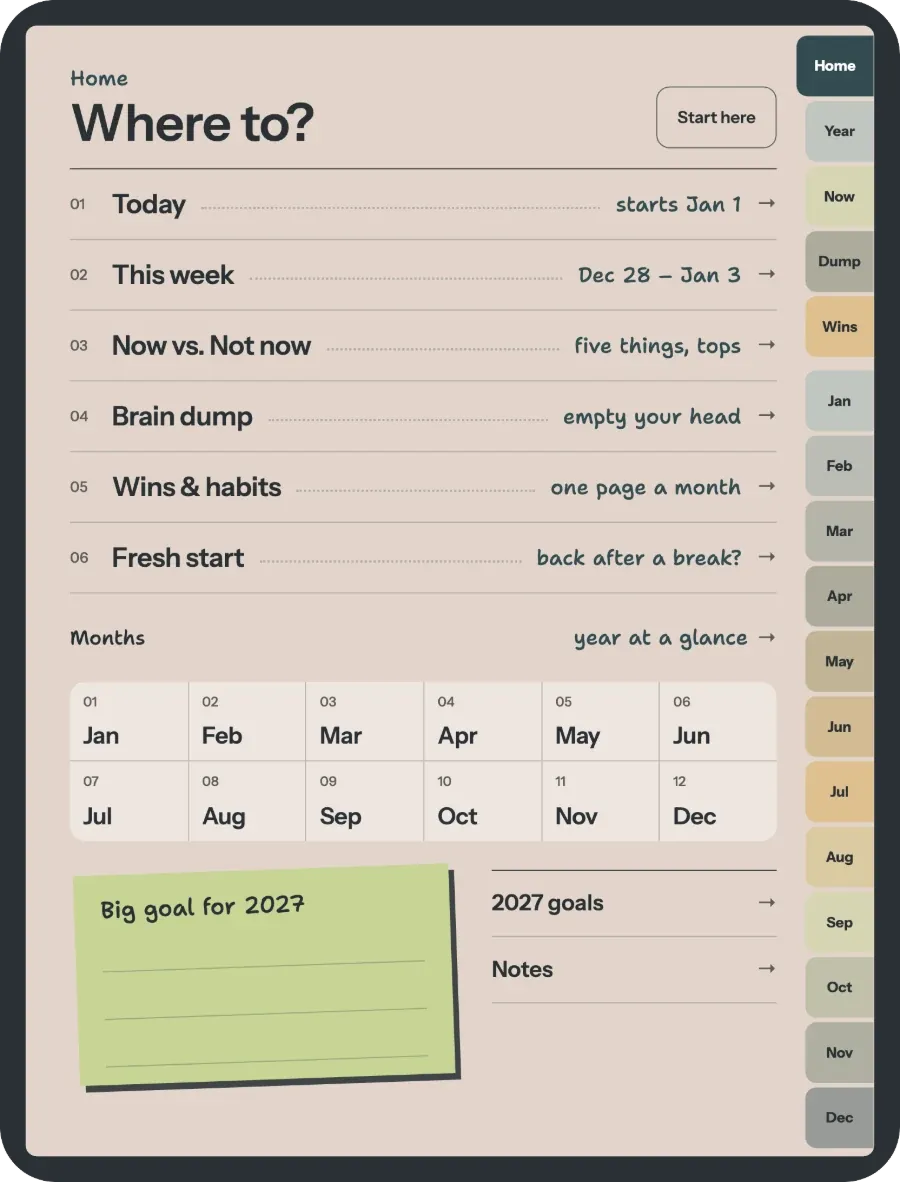 Home page with links to every section and month