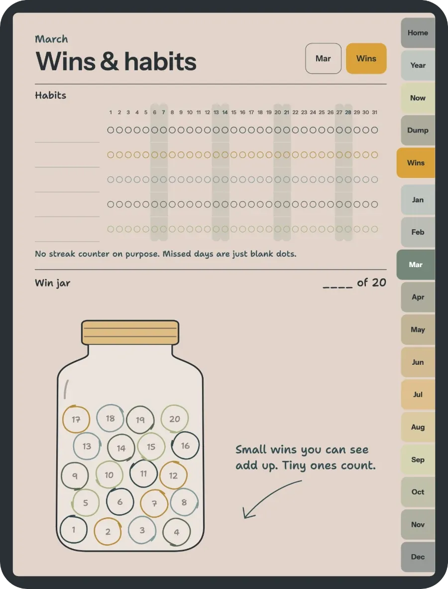 Wins and habits page with five habit trackers and a win jar